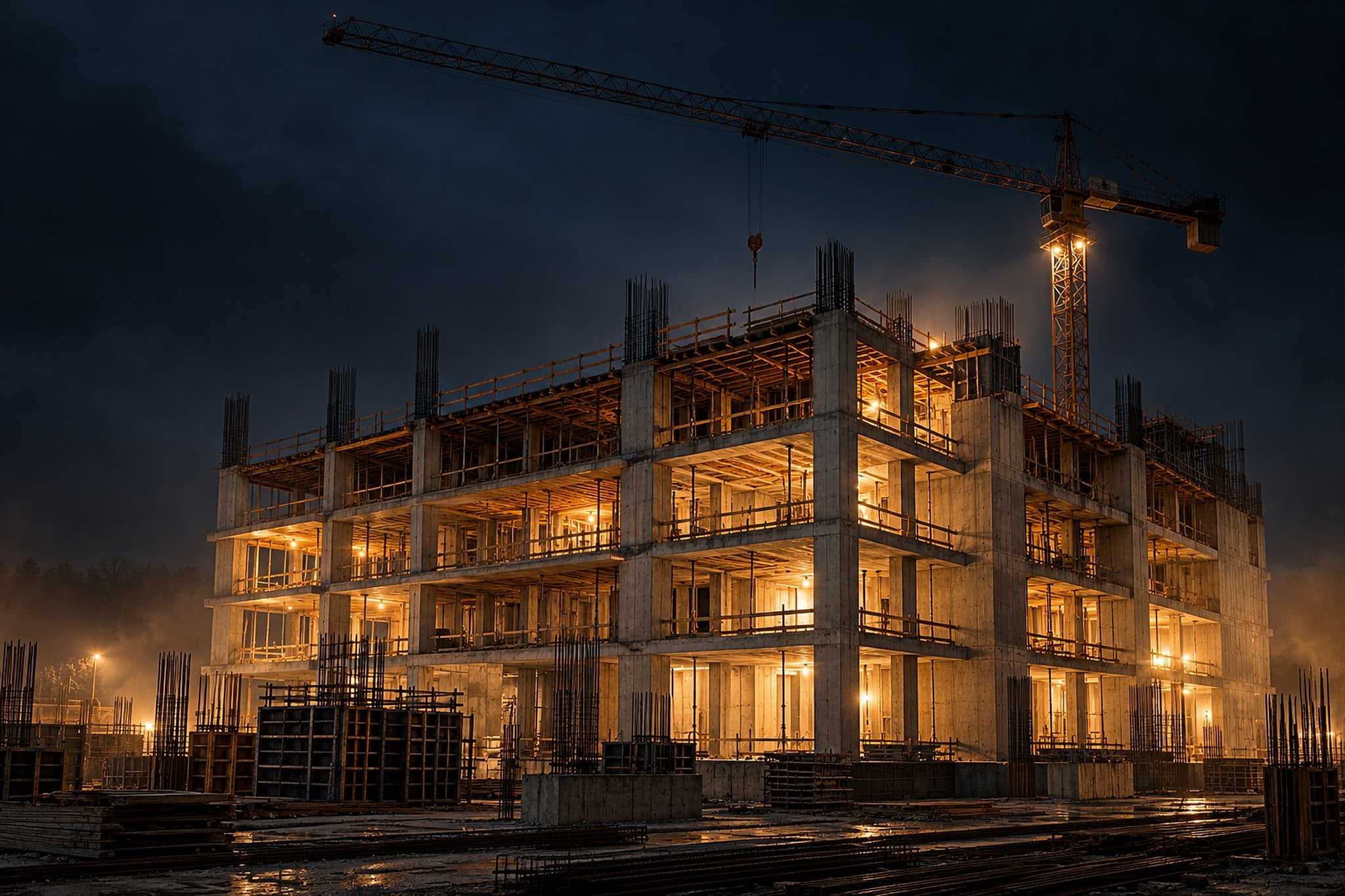 The lit concrete frame of a building under construction at night, a tower crane against a dark sky.