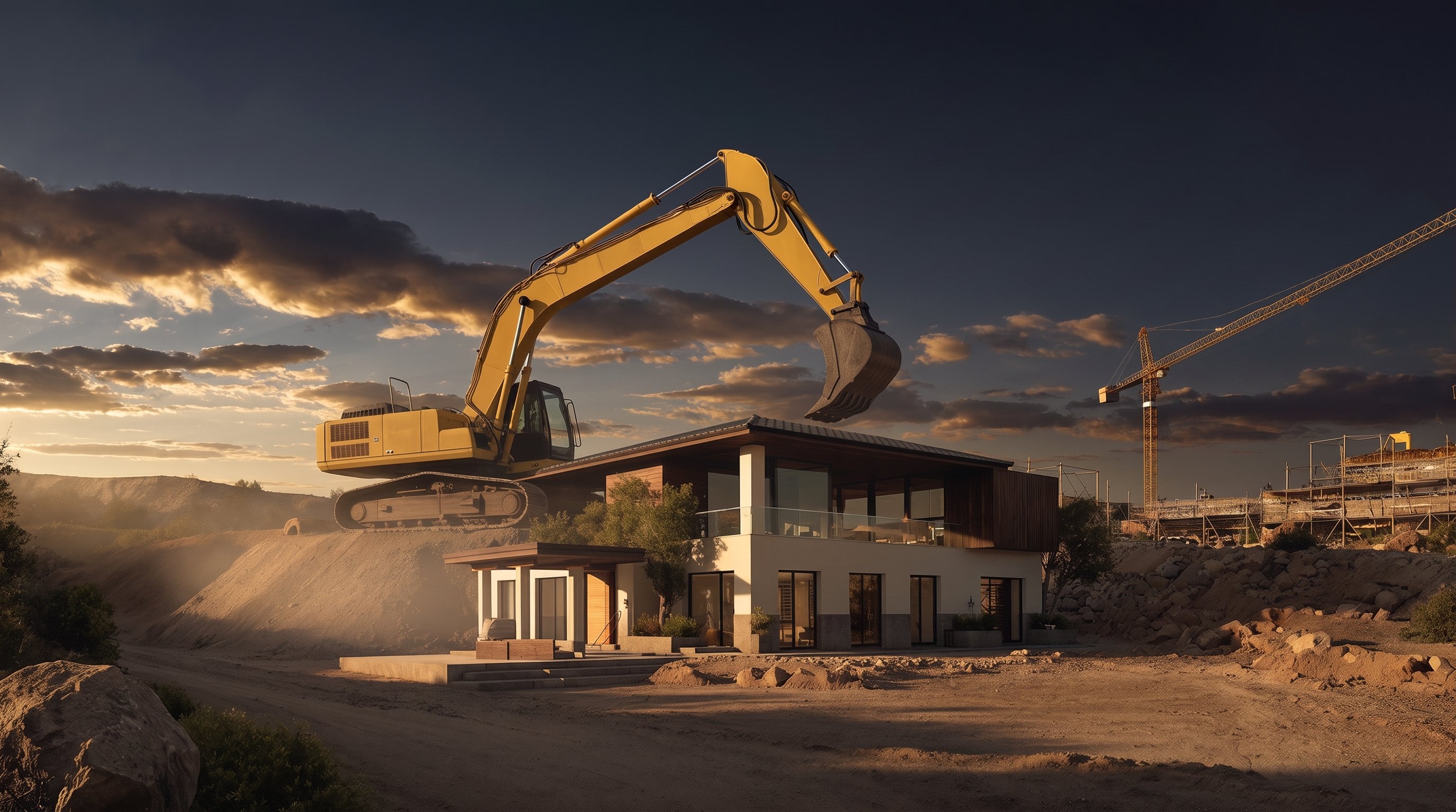 A yellow excavator lifts its bucket over a modern house at sunset, a tower crane and scaffolding behind it.