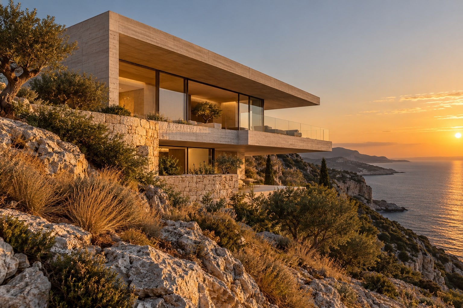 A pale concrete house cantilevered over a rocky hillside above the sea at golden hour.