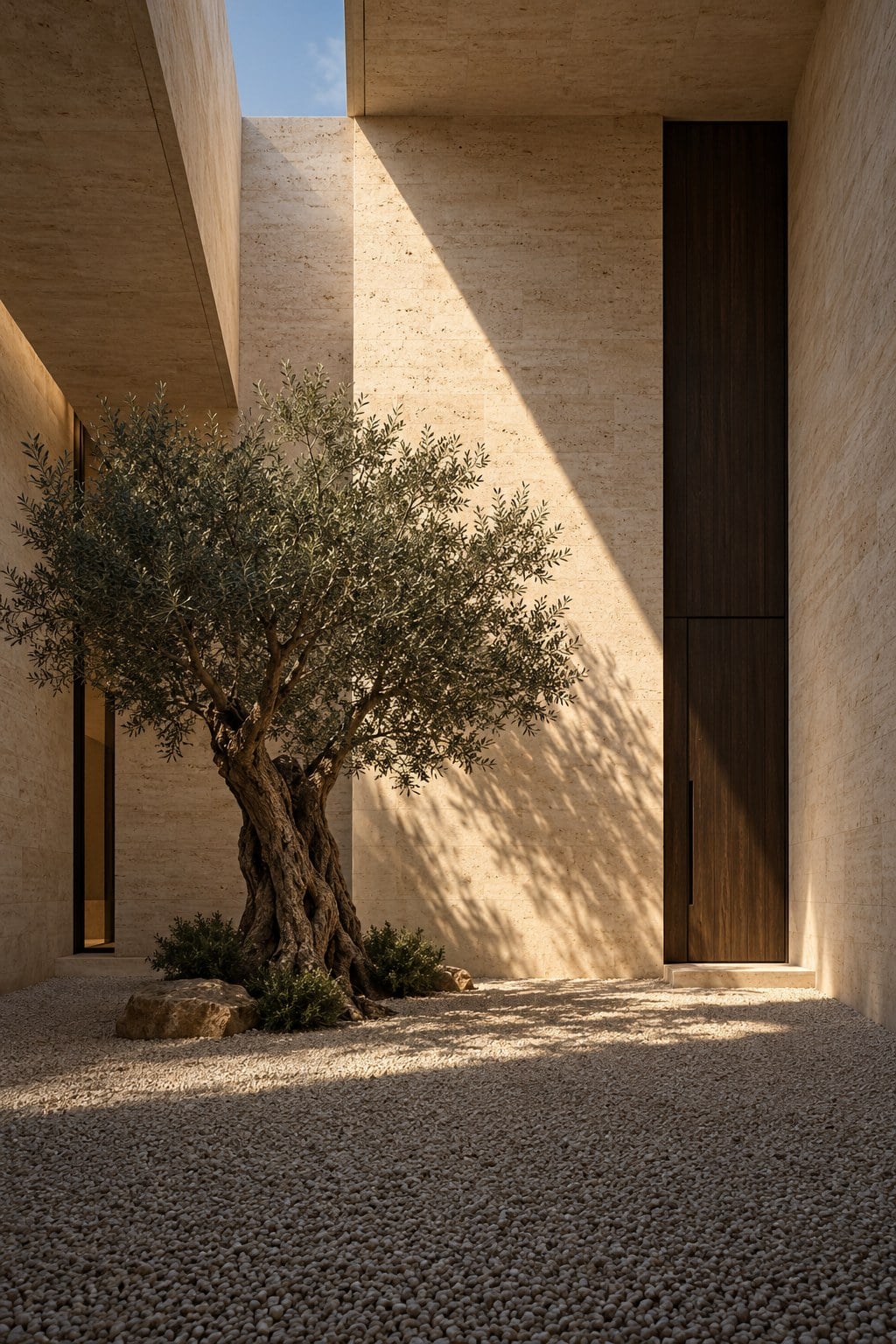 An old olive tree in a gravel courtyard between tall limestone walls, lit by a single beam of sun.