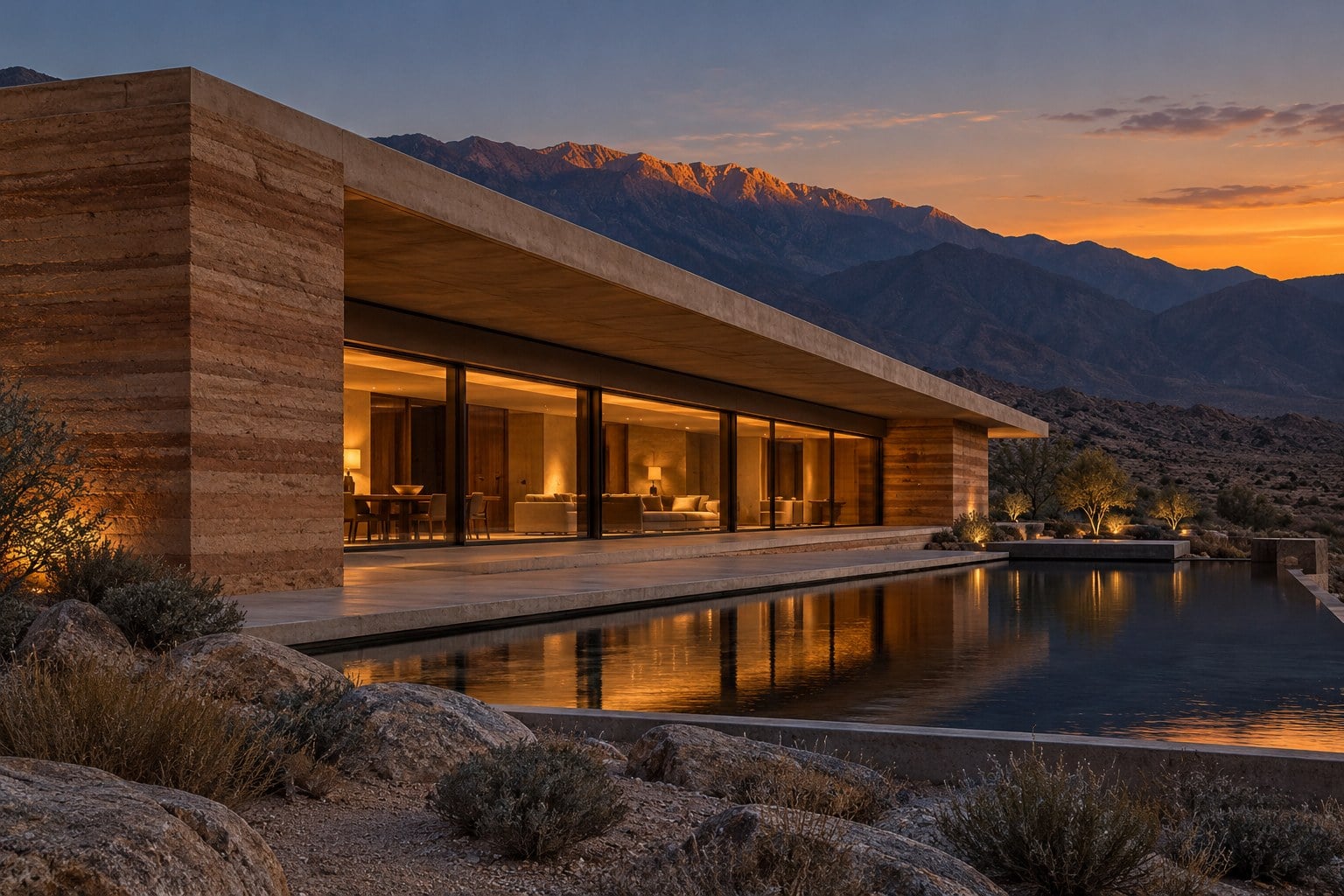 A long, low rammed-earth house beside a reflecting pool in a desert valley at dusk.